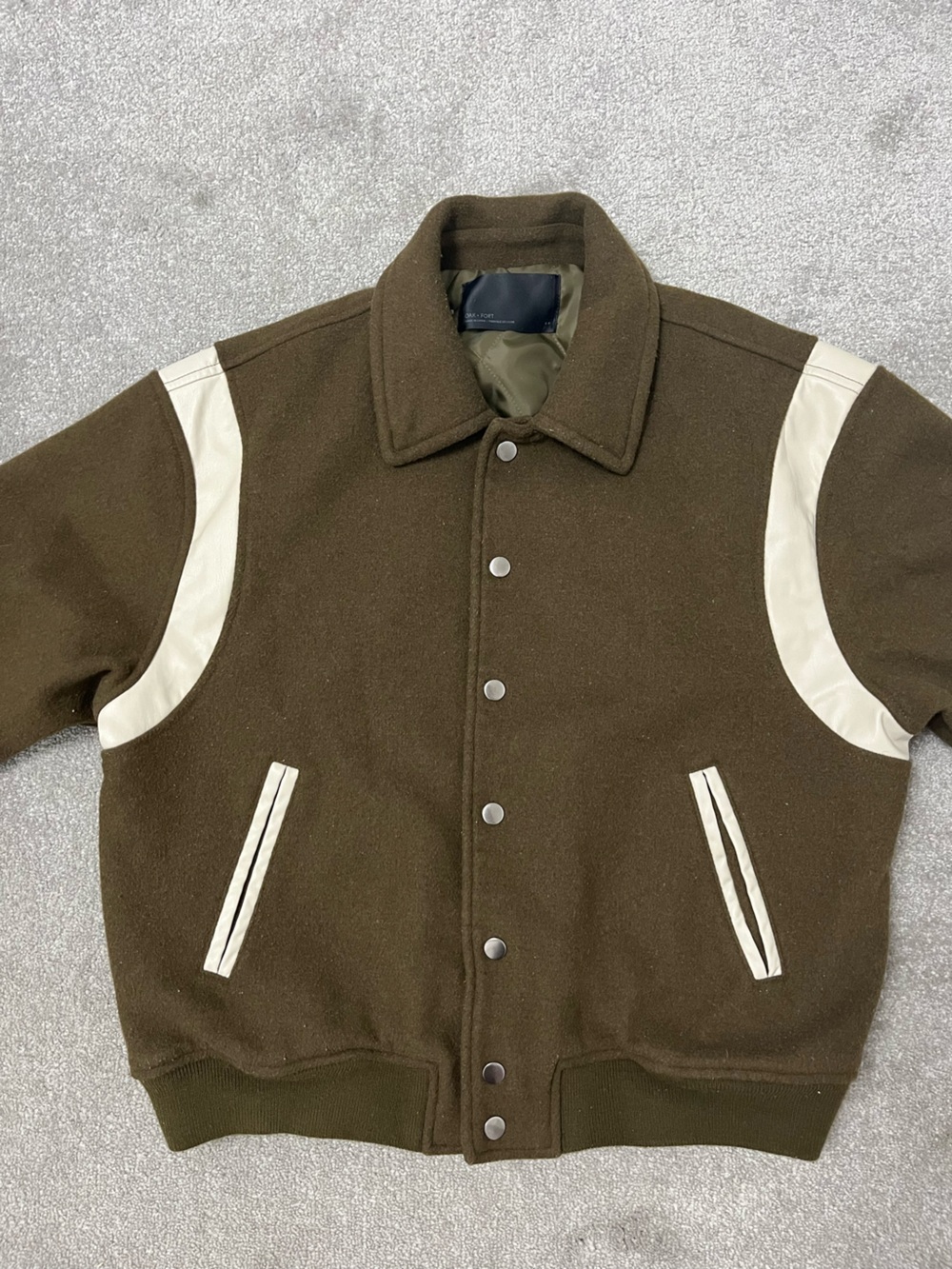 OAK + FORT Olive Brown Wool Bomber with Cream Panels